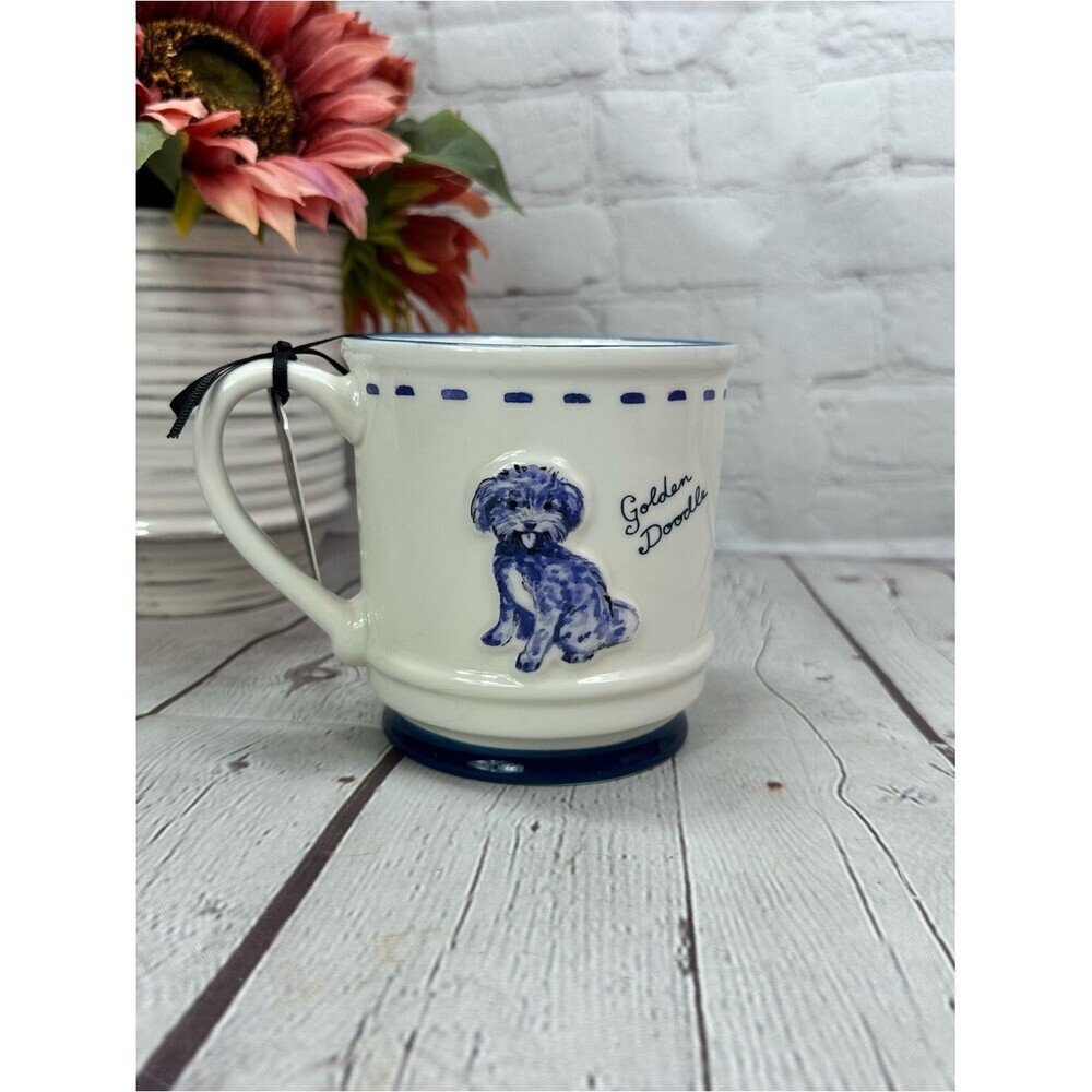 NWT dwell studio golden doodle Mug Blue White traditional cottage minimalist